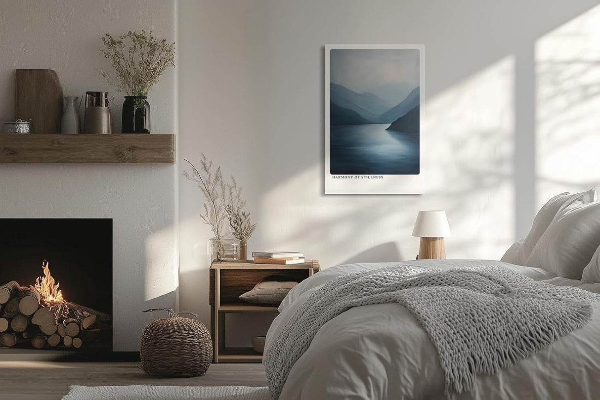 Paul Sinus Leinwandbild 40x60cm Stille Wasser – Meditative Landschaft mit ruhigem See und sanften Bergen in harmonischen Blautönen