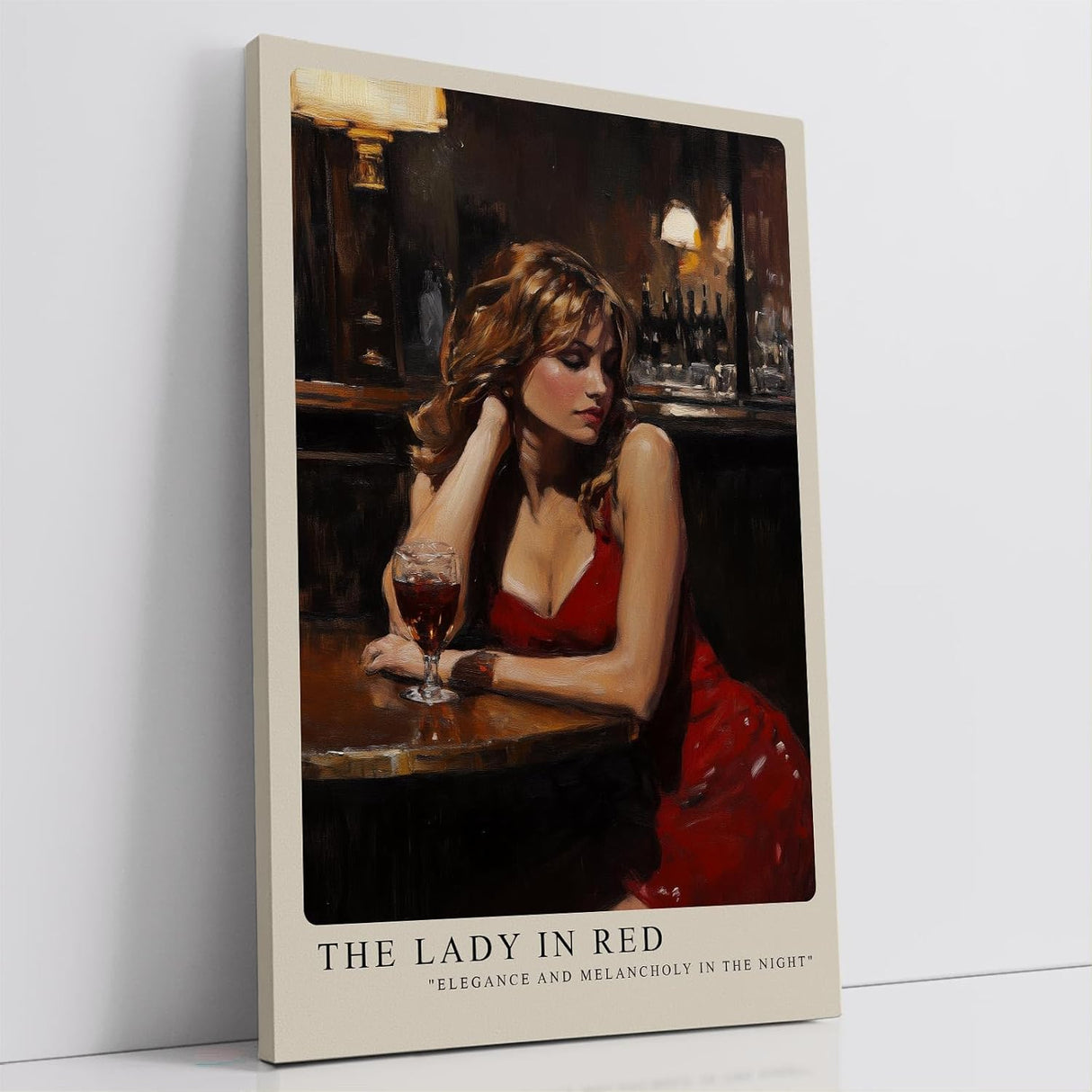 Paul Sinus Leinwandbild 40x60cm The Lady in Red – Sinnliches Leinwandbild einer melancholischen Frau in rotem Kleid in einer stilvollen Bar