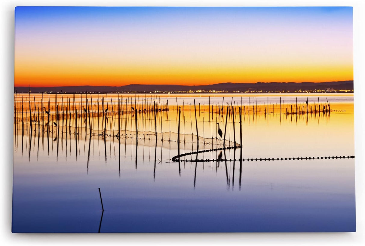 Paul Sinus Wandbild 120x80cm Abendröte Meer Fischernetze Kraniche Horizont Berge