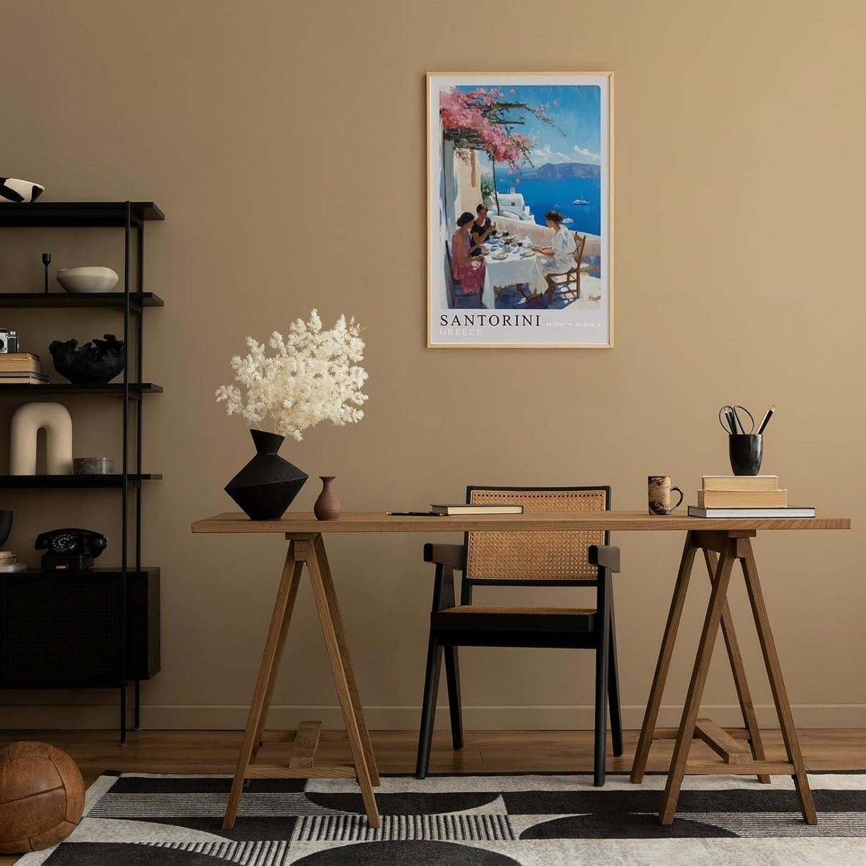 Paul Sinus Leinwandbild 60x90cm Leinwandbild Santorini Griechenland mediterranes Flair Meerblick entspannte Atmosphäre Sommeridylle Bougainvillea