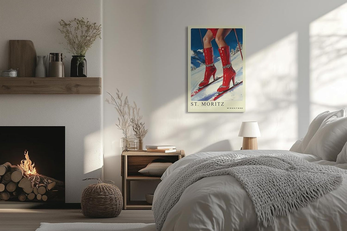 Paul Sinus Leinwandbild 80x120cm Leinwandbild St. Moritz Glamour Skifahren Wintermode luxuriöse Eleganz extravagante Ästhetik stilvolle Kunst alpine Fashion