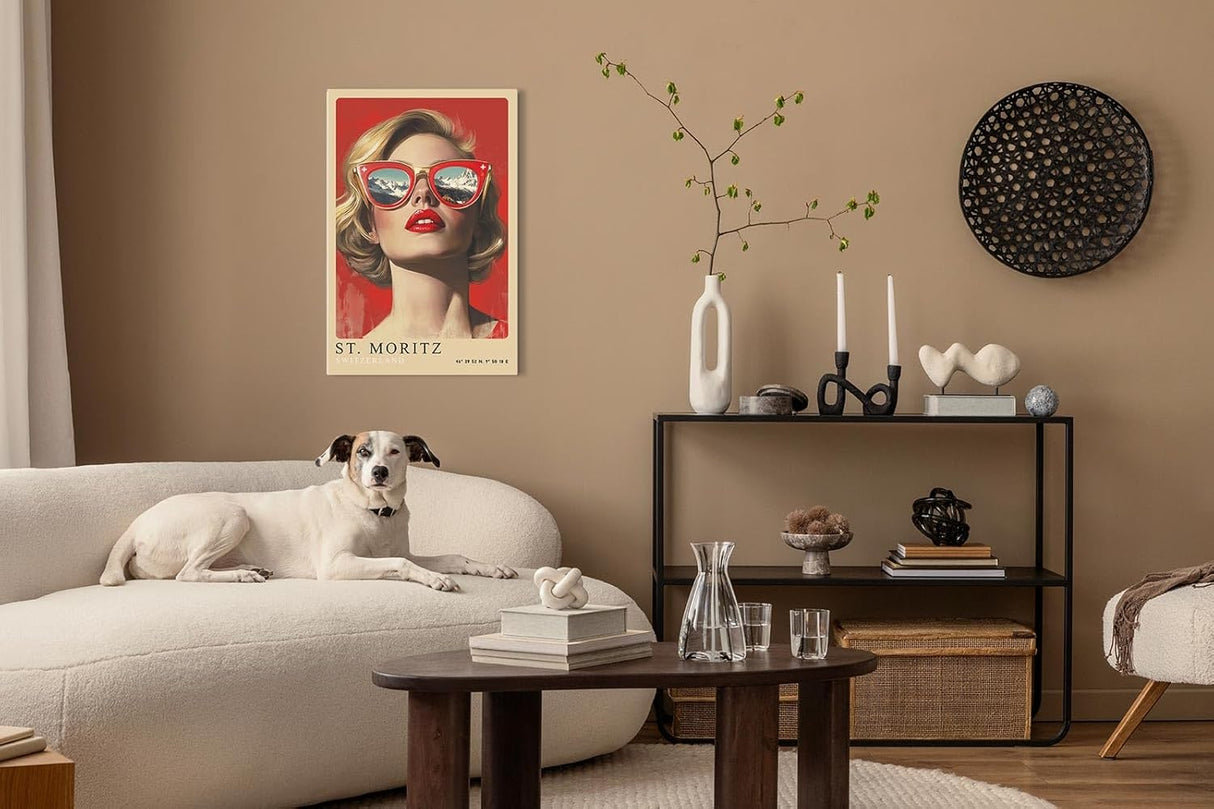 Paul Sinus Leinwandbild 60x90cm Leinwandbild St. Moritz Retro Kunst Alpen Eleganz moderne Ästhetik stilvolle Fashion Ikone Schweizer Luxus