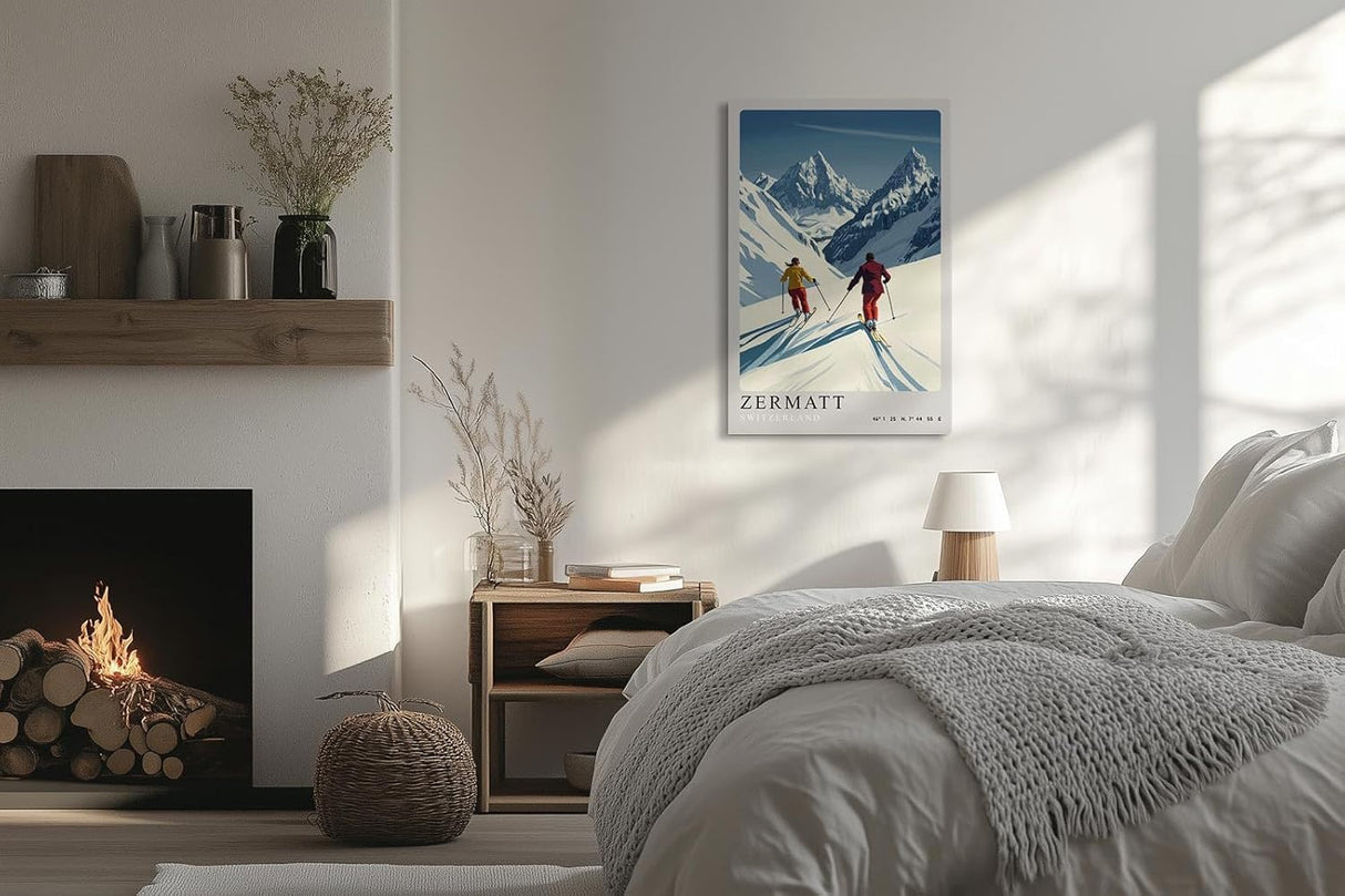 Paul Sinus Leinwandbild 60x90cm Leinwandbild Zermatt Skifahren Alpen Winterzauber Retro Stil sportliche Eleganz Schneelandschaft Reiselust stilvolle Kunst