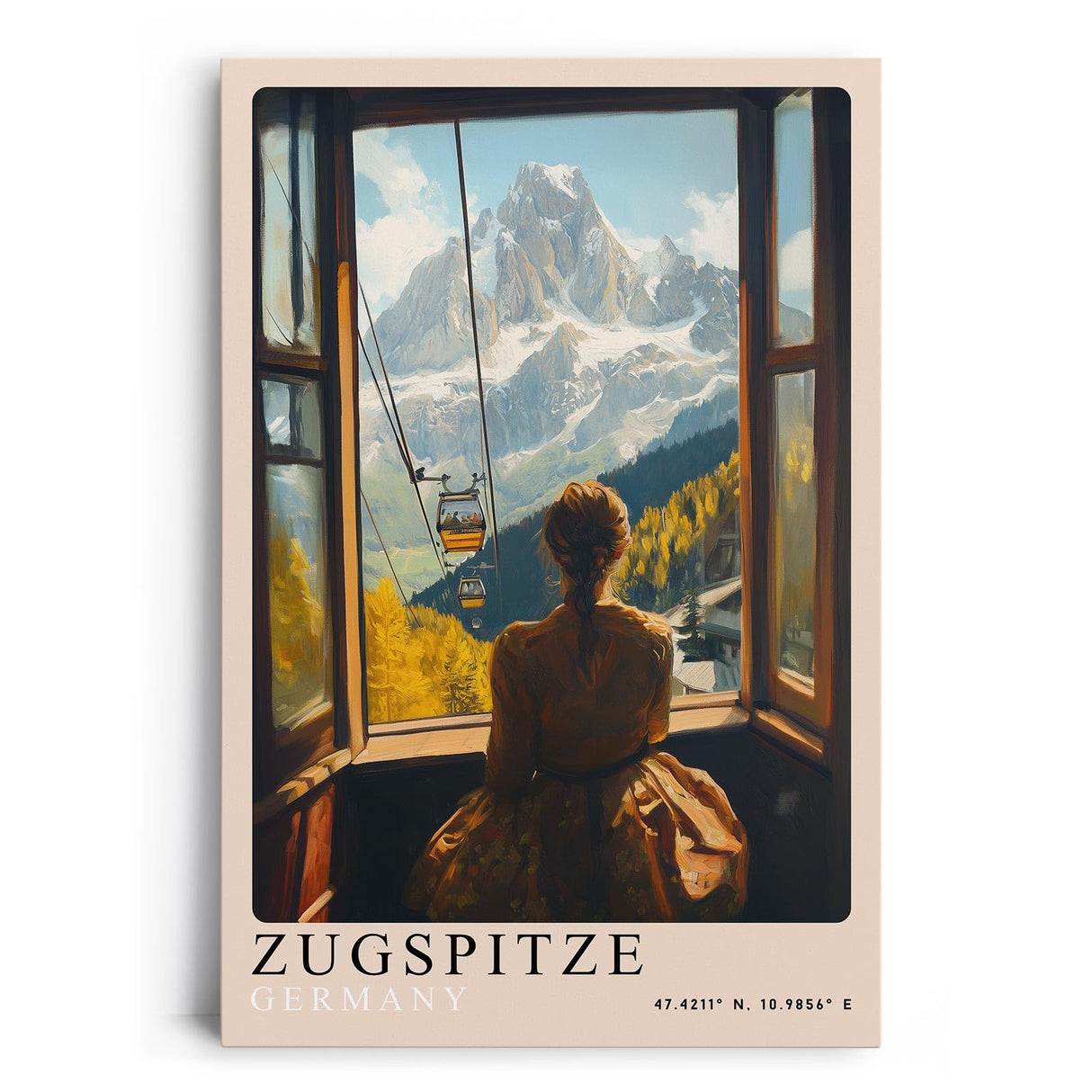 Paul Sinus Leinwandbild 60x90cm Leinwandbild Zugspitze Alpen Berglandschaft Seilbahn Panorama Fensterblick Natur Herbst Farben Lichtstimmung Aussicht
