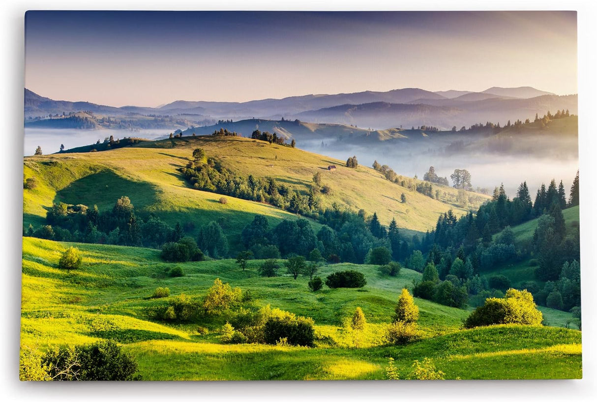 Paul Sinus Wandbild 120x80cm Berge Hügel Wiese Landschaft Grün Nebel Morgentau