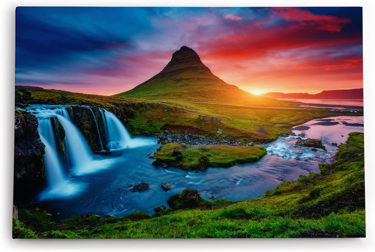 Paul Sinus Wandbild 120x80cm Island Landschaft Berg Wasserfall Grün Sonnenuntergang