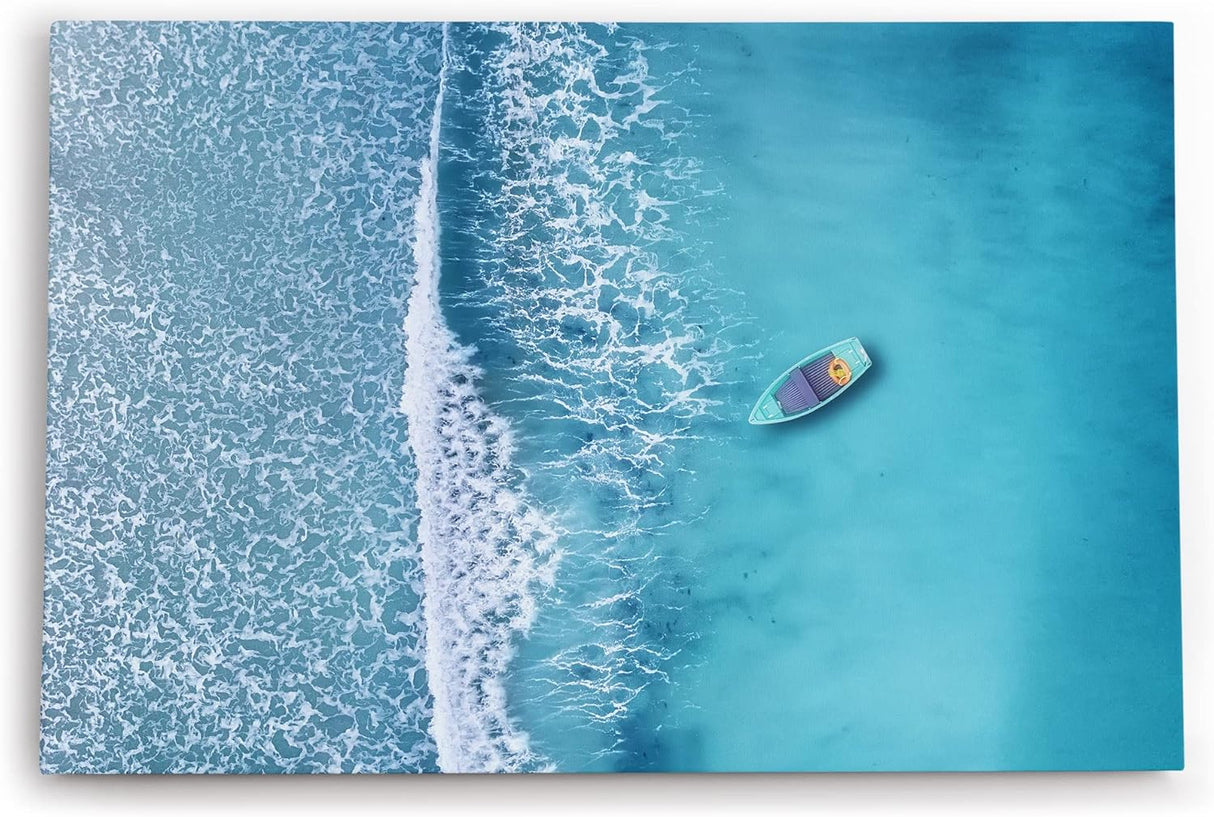 Paul Sinus Wandbild 120x80cm Luftaufnahme Strand Boot Blau Meer Wellen Vogelperspektive