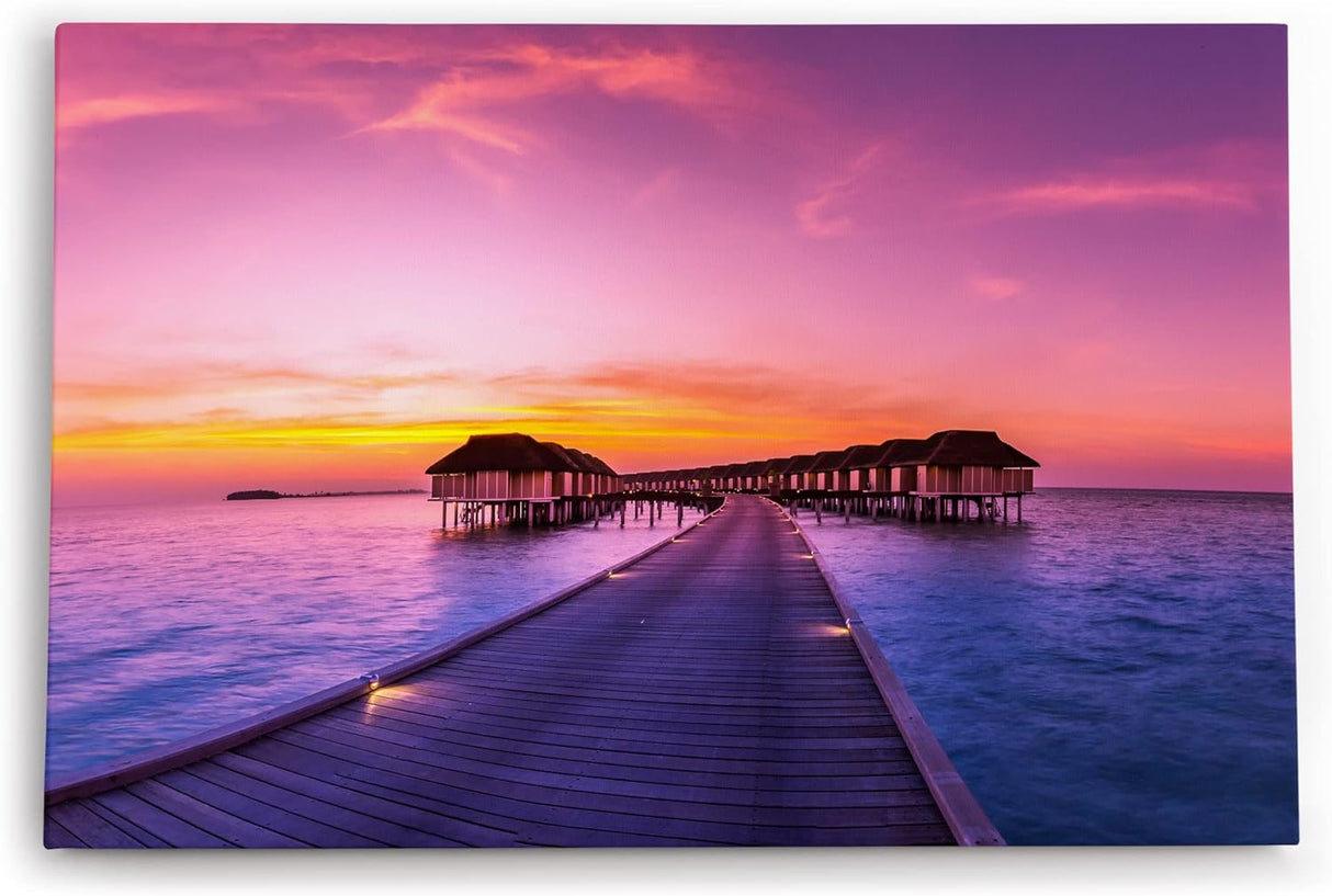 Paul Sinus Wandbild 120x80cm Malediven Meer Holzsteg Sonnenuntergang Bungalows