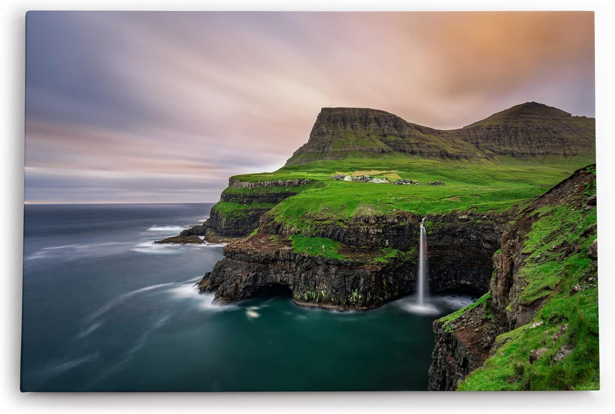 Paul Sinus Wandbild 120x80cm Múlafossur Waterfall Färöer-Inseln Küste Ozean Klippen