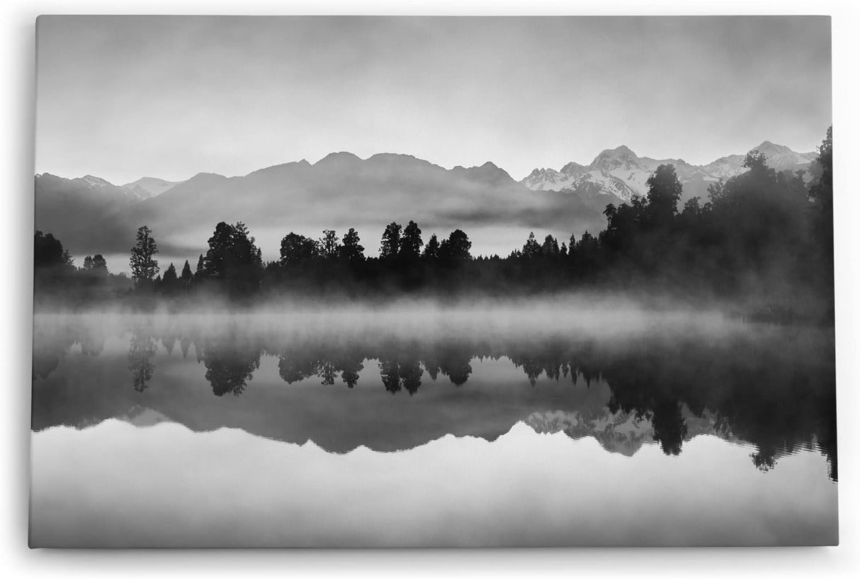 Paul Sinus Wandbild 120x80cm See Berge Landschaft Schwarz Weiß Bäume