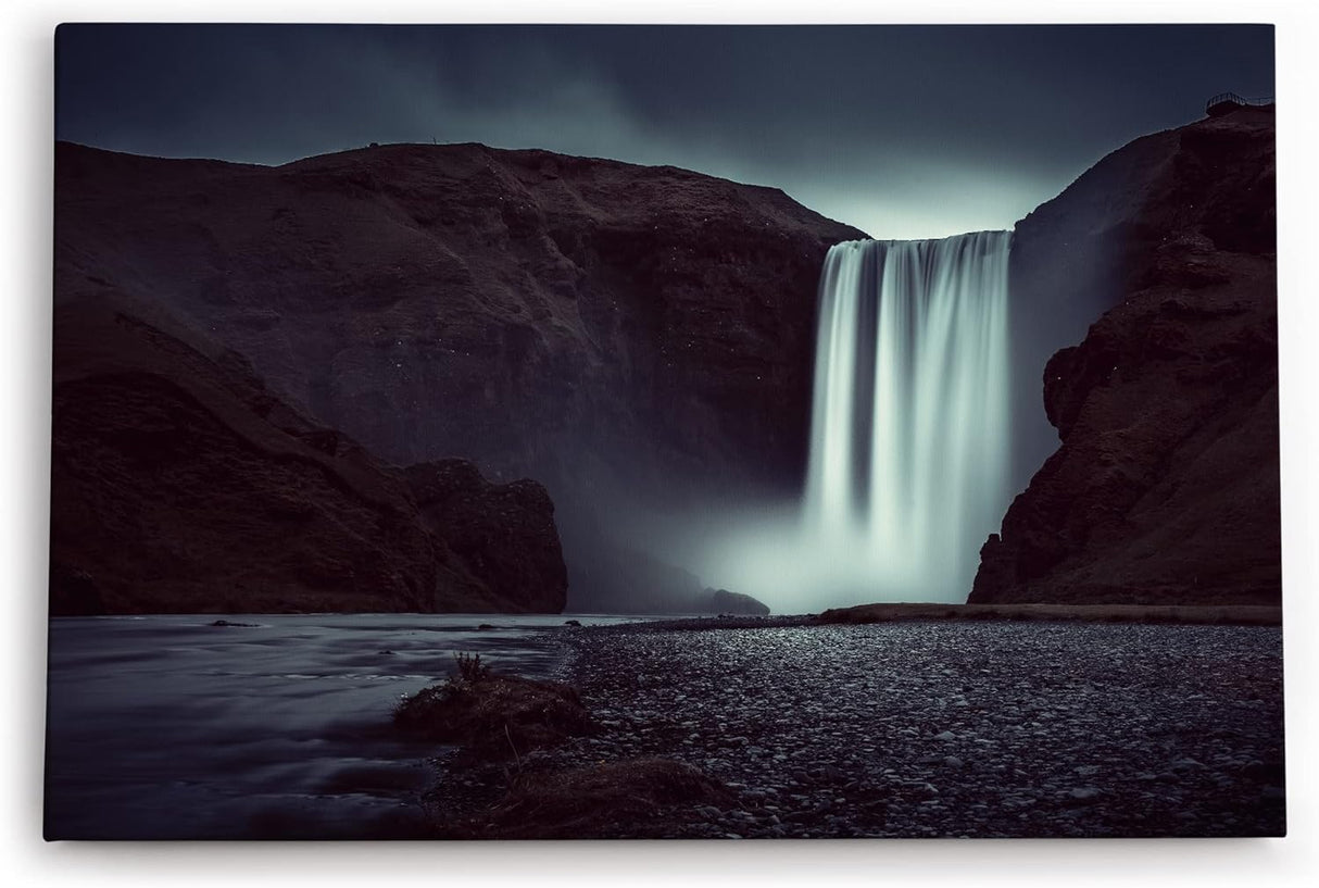 Paul Sinus Wandbild 120x80cm Wasserfall bei Nacht Norwegen Dunkel Fotokunst