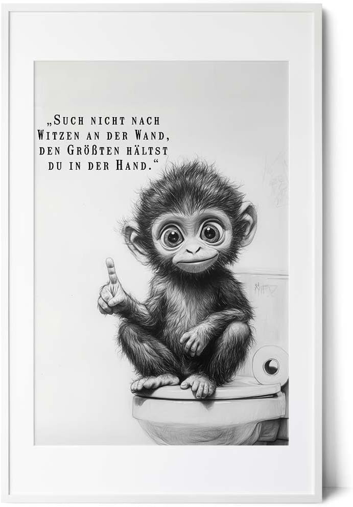 Paul Sinus Poster/Leinwandbild/Rahmenoption – Frecher Affe auf Toilette „Such nicht nach Witzen…“ – Lustige WC-Deko für dein Badezimmer
