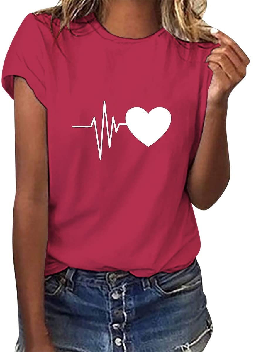 Tuopuda T-Shirt Damen Sommer Oberteile Rundhals Kurzärmeliges Print Bluse Basic Shirt Bequem Baumwolle Tunika Tee Tops Schlank Hemd für Frühling Sommer Herbst