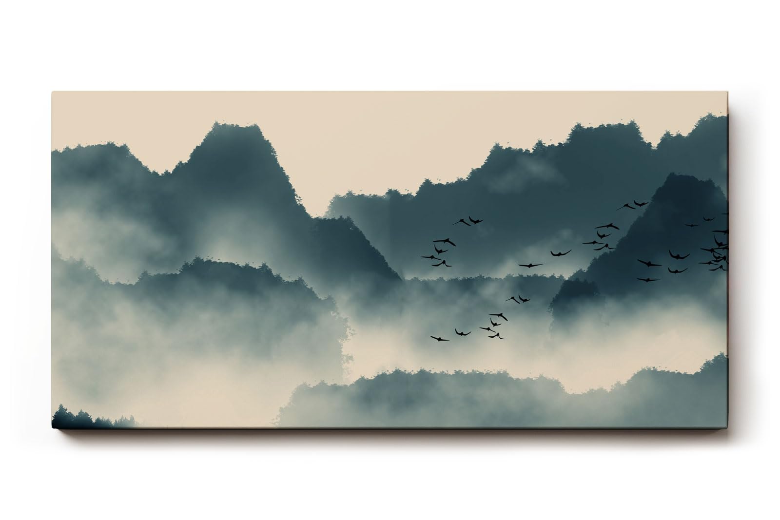 Sinus Art Wandbild 120x80cm Faszinierende Bergsilhouetten im Nebel mit dynamischem Vogelschwarm erzeugen eine ruhige und kraftvolle Atmosphäre