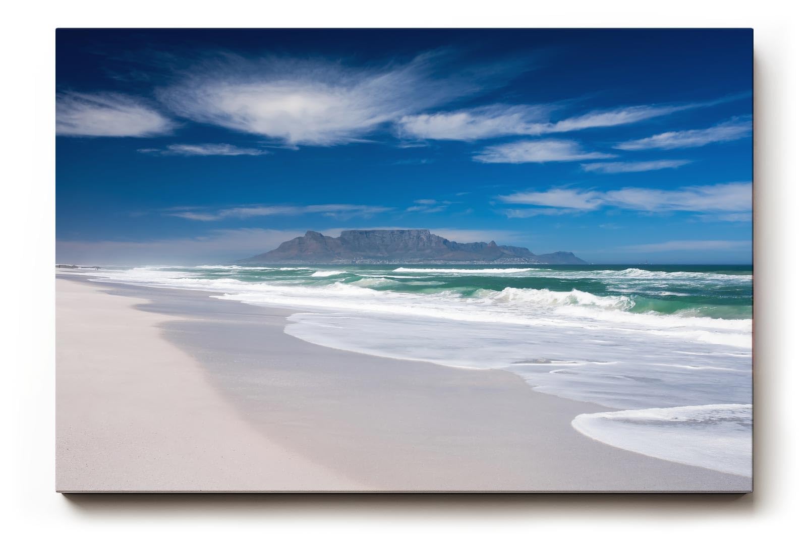Sinus Art Wandbild 120x80cm Der berühmte Tafelberg im Hintergrund und Wellen im Vordergrund erzeugen visuelle Tiefe
