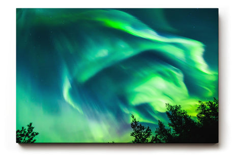 Sinus Art Wandbild 120x80cm Atemberaubende Aurora Borealis mit dynamischem Farbspiel über Silhouetten dunkler Bäume