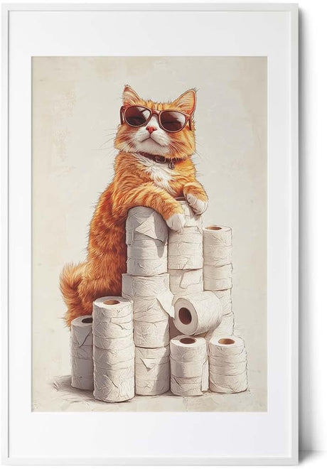 Paul Sinus Poster/Leinwandbild/Rahmenoption – Coole Katze auf dem Klopapier-Thron – Lustige WC-Deko für dein Badezimmer
