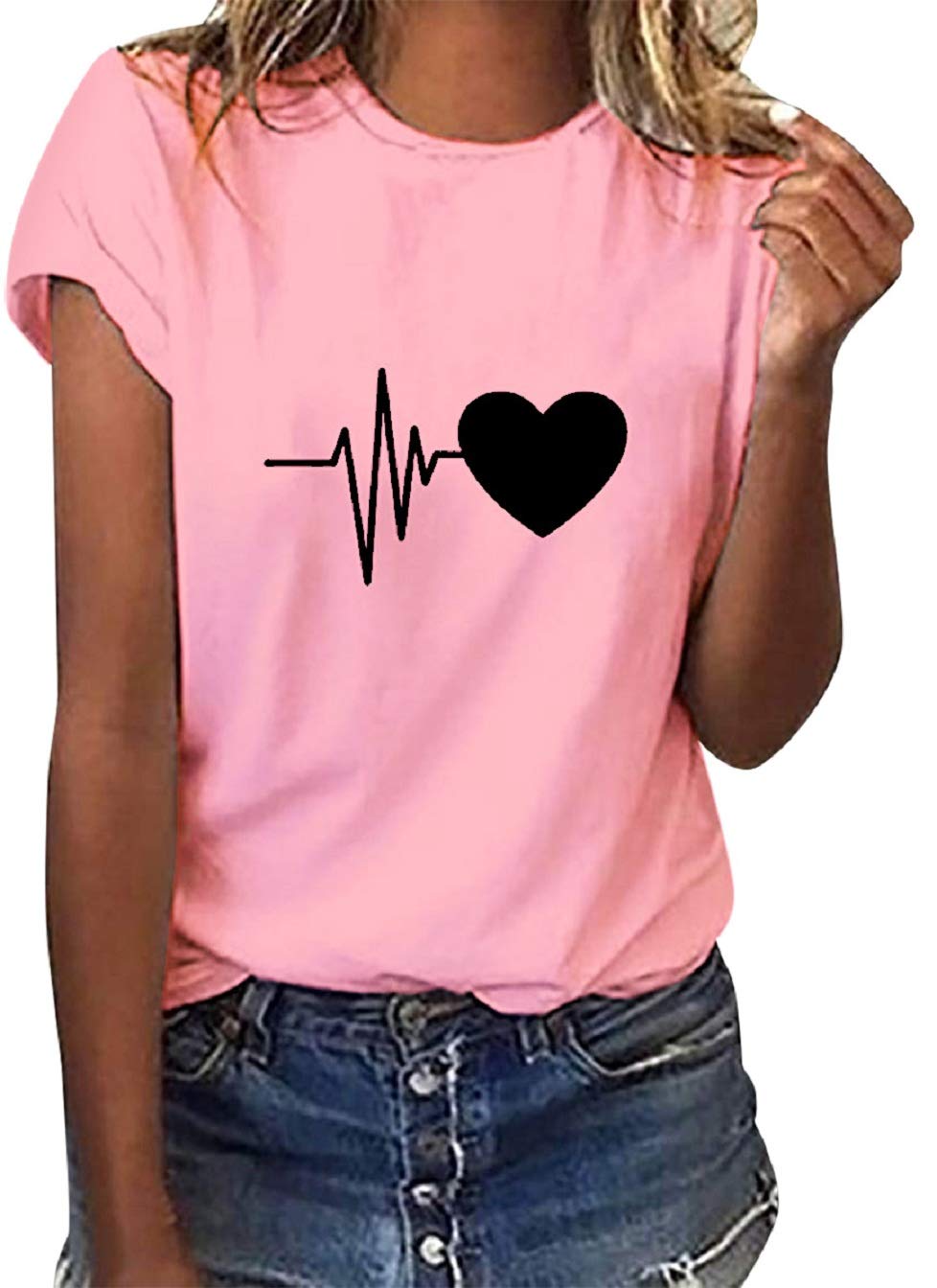 Tuopuda T-Shirt Damen Sommer Oberteile Rundhals Kurzärmeliges Print Bluse Basic Shirt Bequem Baumwolle Tunika Tee Tops Schlank Hemd für Frühling Sommer Herbst