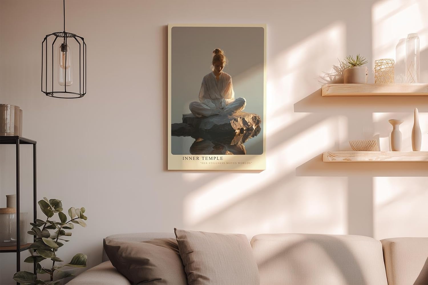 Paul Sinus Wandbild in 40x60cm Inner Temple – Meditatives Porträt einer Frau in weißem Gewand, sitzend auf einem Felsen im Wasser bei sanftem Morgenlicht, moderne Bilder in warmen Tönen