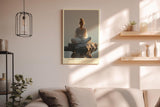 Paul Sinus Wandbild in 40x60cm Inner Temple – Meditatives Porträt einer Frau in weißem Gewand, sitzend auf einem Felsen im Wasser bei sanftem Morgenlicht, moderne Bilder in warmen Tönen