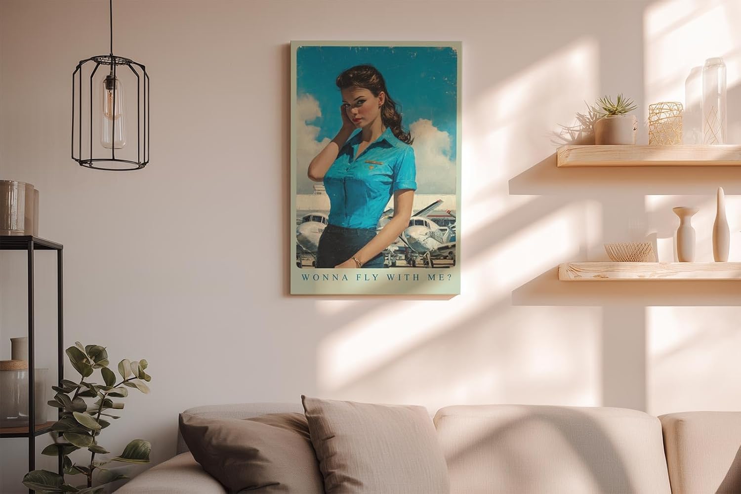 Paul Sinus Wandbild in 40x60cm Wonna Fly With Me mit charmanter Frau im Retro-Stil vor kleinen Flugzeugen für stilvolle Wandgestaltung