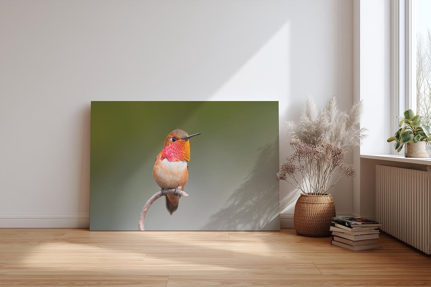 Sinus Art Wandbild 120x80cm Faszinierendes Kolibri-Motiv mit warmen Tönen auf ruhigem Hintergrund für naturnahe Ästhetik