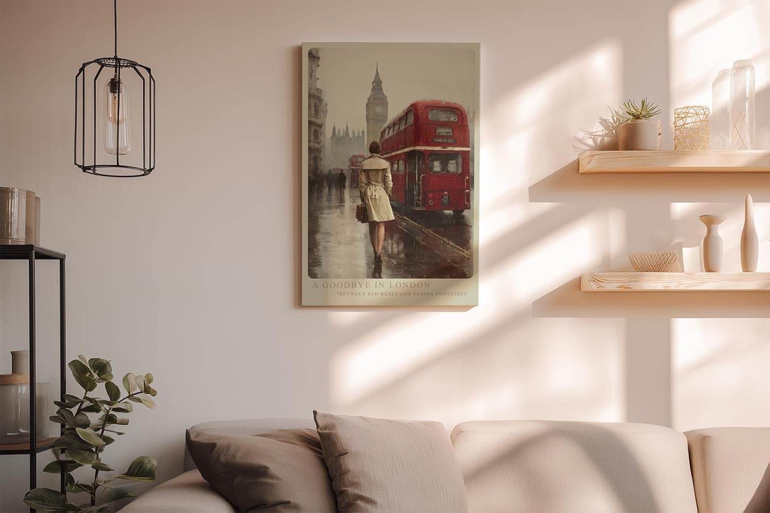 Paul Sinus Wandbild in 40x60cm A Goodbye in London – Rote Doppeldeckerbusse und Big Ben im Hintergrund, nostalgische Stadtszene im Regen