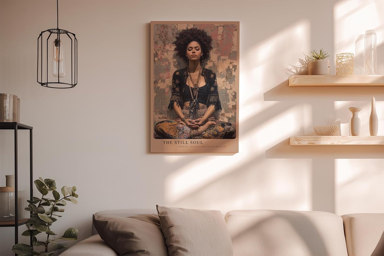 Paul Sinus Wandbild in 40x60cm The Still Soul mit meditierender Frau in Boho-Stil vor abstraktem Hintergrund für entspannende Wandgestaltung