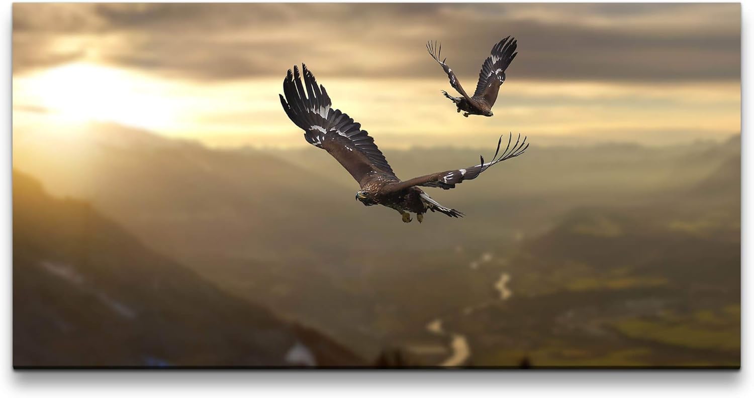 Adler in einer Gebirgslandschaft ca. 130x70cm Wandbild inklusive Schattenfugenrahmen schwarz - Panorama Leinwand Bild XXL Format Wandbilder Wohnzimmer Wohnung Deko Kunstdrucke