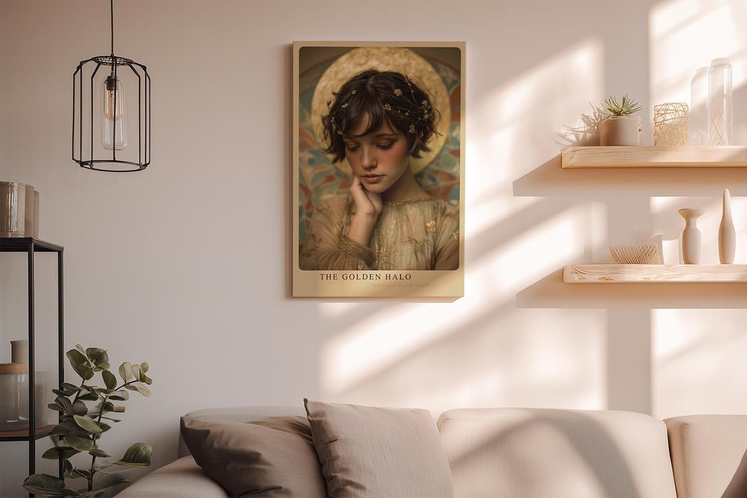 Paul Sinus Wandbild in 40x60cm The Golden Halo – Elegantes Porträt einer jungen Frau mit goldenem Heiligenschein in sanften, warmen Farbtönen für stilvolle Raumgestaltung