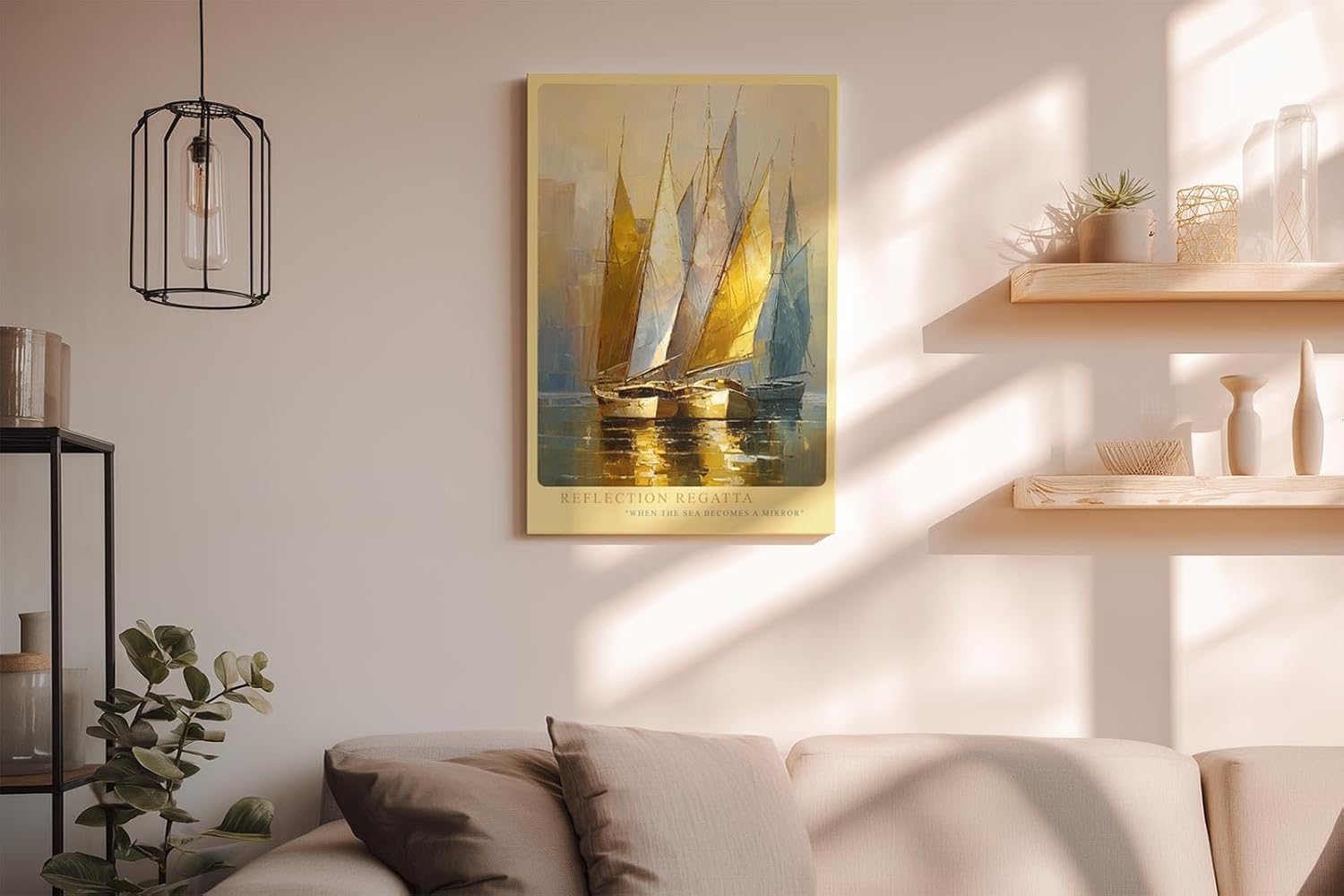 Paul Sinus Wandbild in 80x120cm Reflection Regatta – Goldene und weiße Segelboote in harmonischer Komposition auf spiegelndem Wasser