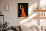 Paul Sinus Wandbild in 40x60cm The Moonwalker Illustration einer Frau im orangefarbenen Kleid vor Mondsichel mit eleganter, verträumter Ausstrahlung