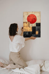Paul Sinus 60x90cm Wandbild Kraftvolle Geometrie – Abstraktes Fokuskunstwerk mit roter Sonne und klaren Formen
