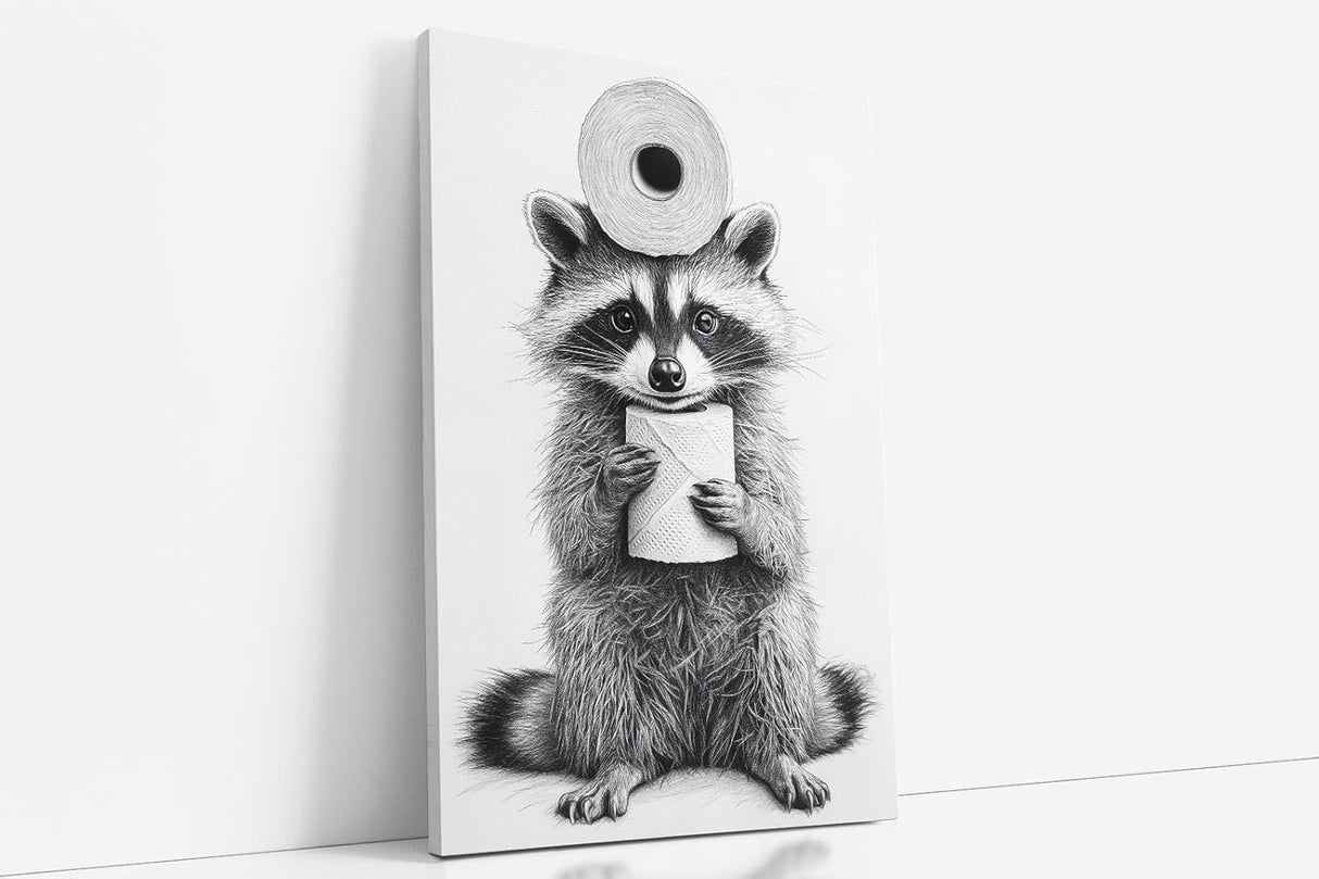 Paul Sinus Poster/Leinwandbild/Rahmenoption – Waschbär mit Klopapier – Lustige WC-Deko für dein Badezimmer