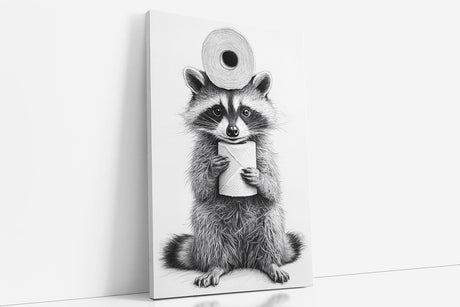 Paul Sinus Poster/Leinwandbild/Rahmenoption – Waschbär mit Klopapier – Lustige WC-Deko für dein Badezimmer