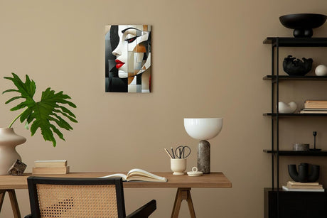 Paul Sinus 60x90cm Wandbild Crimson Beauty – Modernes Frauenporträt in geometrischer Eleganz auf Leinwand Holzrahmen