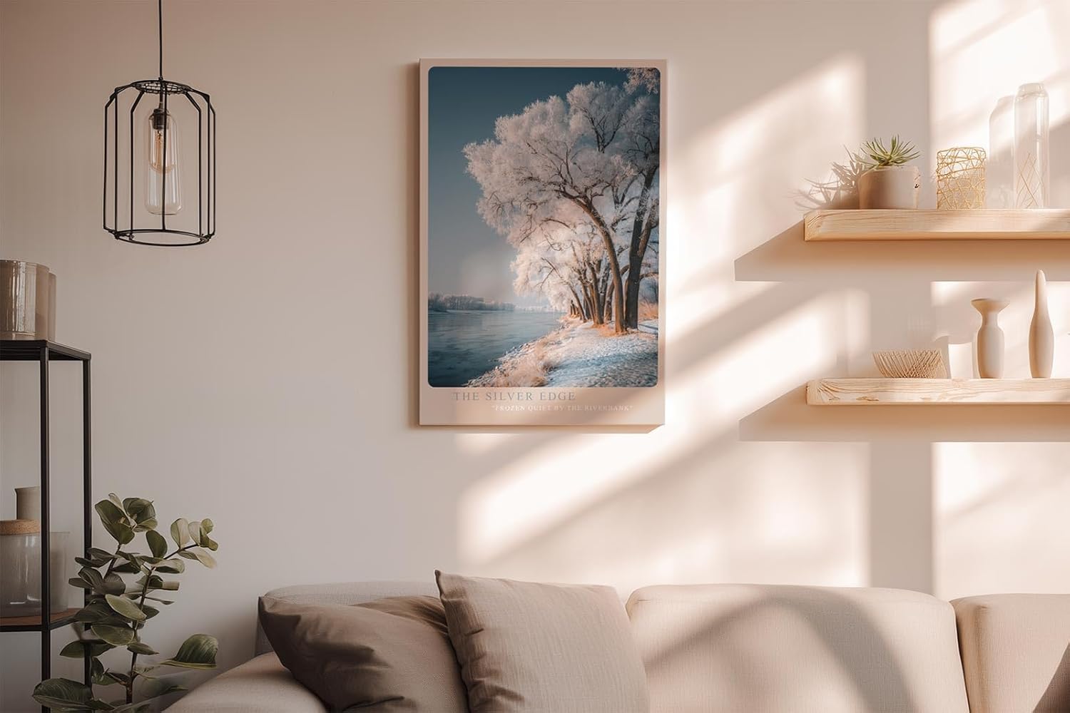 Paul Sinus Wandbild in 40x60cm The Silver Edge – Winterliche Flusslandschaft mit schneebedeckten Bäumen, elegante Naturdarstellung in kühlen Tönen