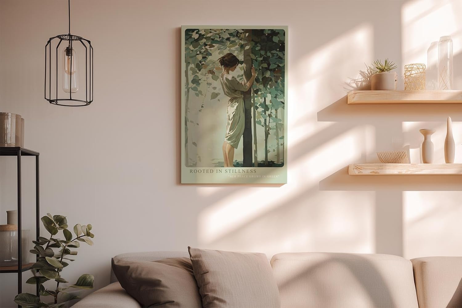 Paul Sinus Wandbild in 40x60cm Rooted in Stillness – Sanftes Porträt einer Frau, die inmitten grüner Blätter einen Baum umarmt, moderne Bilder in beruhigenden Naturtönen