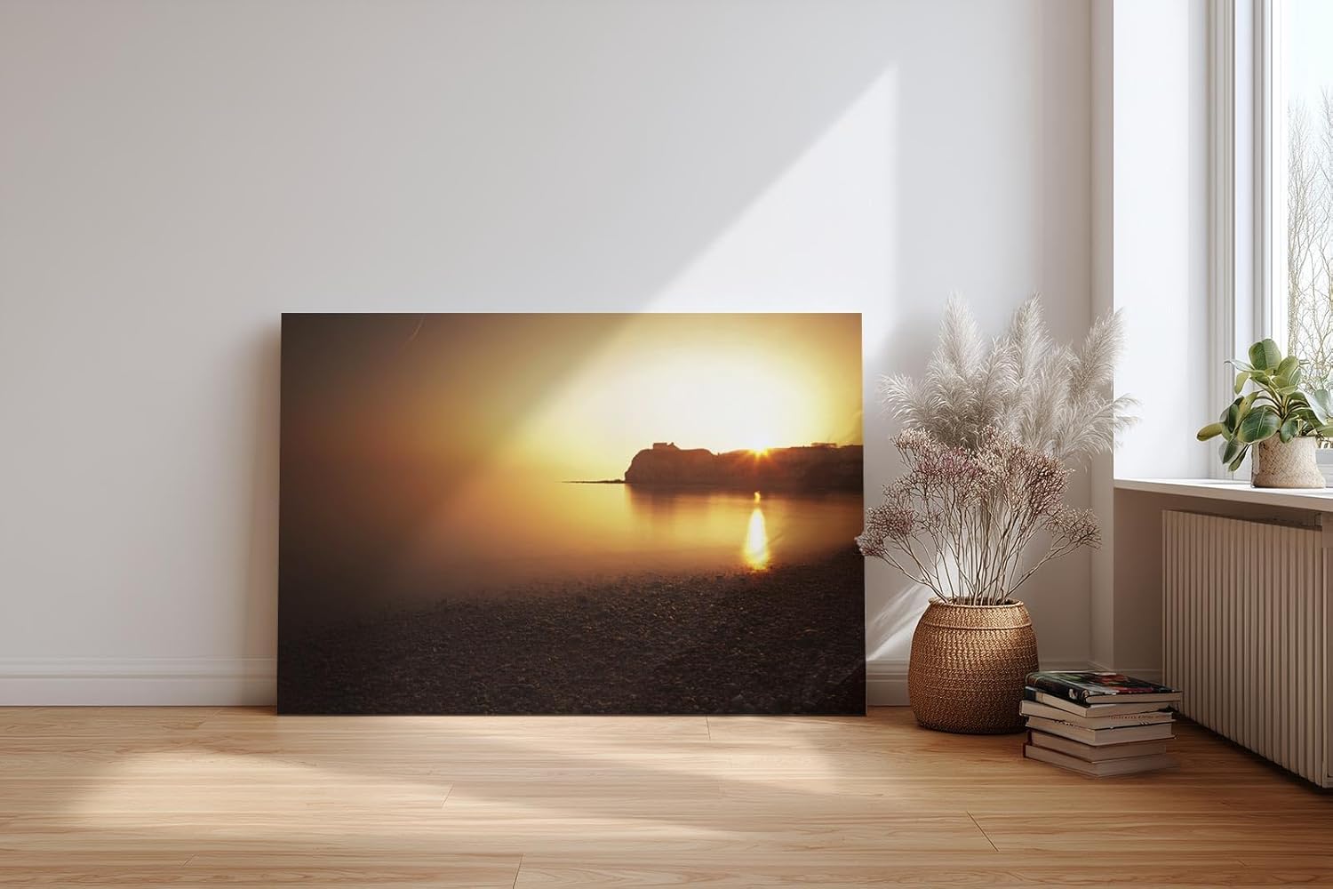 Sinus Art Wandbild 120x80cm Ruhiger Küstenstreifen im goldenen Abendlicht – meditativ, weit und beruhigend