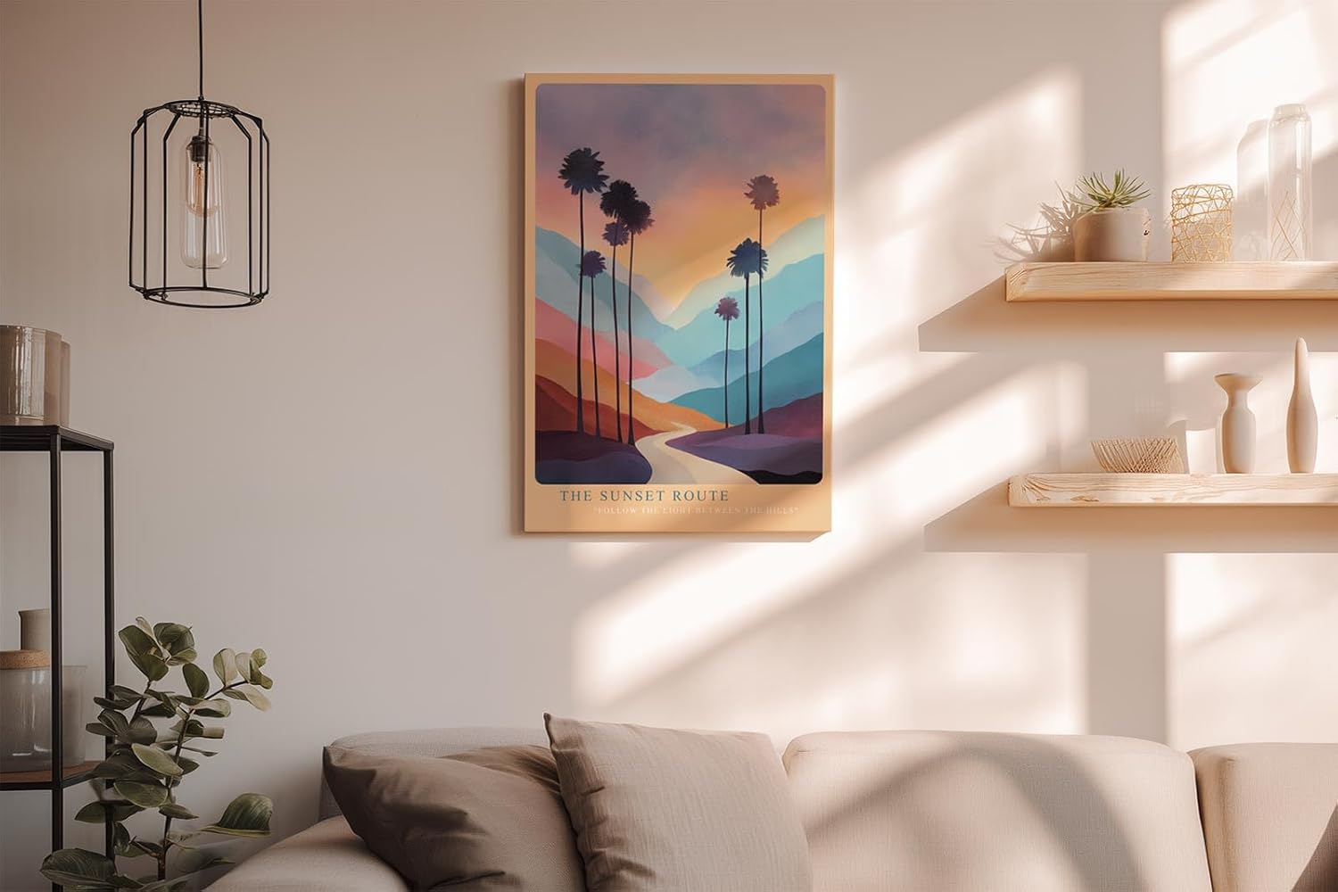 Paul Sinus Wandbild in 40x60cm The Sunset Route – farbenprächtige Palmenlandschaft im Licht des Sonnenuntergangs, moderne Wandkunst