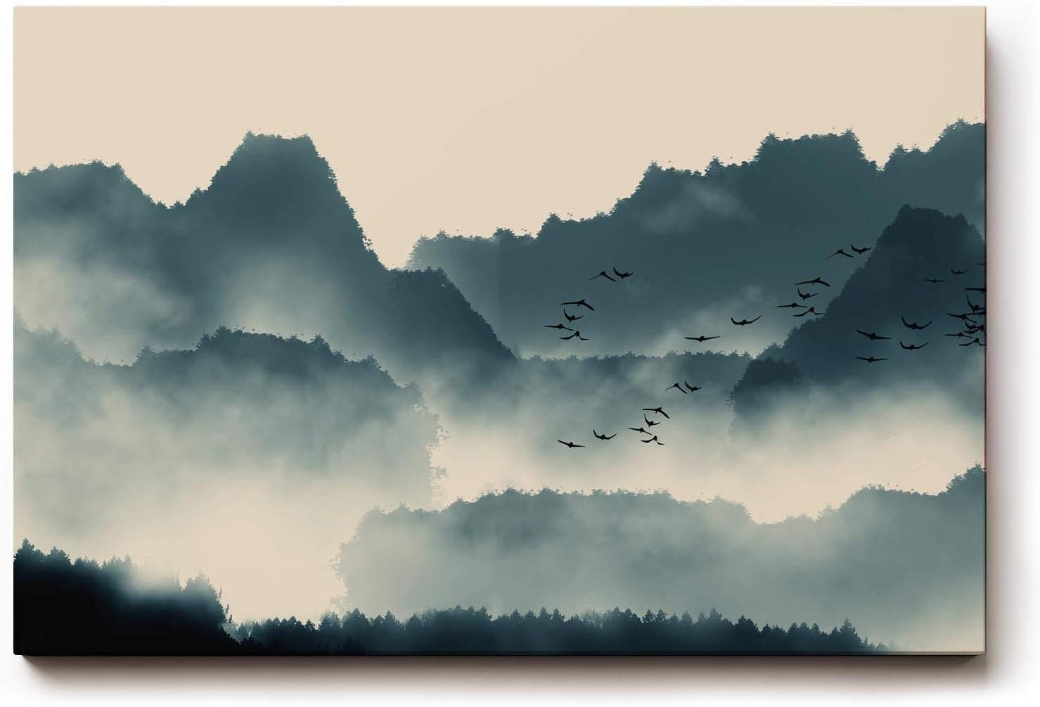 Sinus Art Wandbild 120x80cm Faszinierende Bergsilhouetten im Nebel mit dynamischem Vogelschwarm erzeugen eine ruhige und kraftvolle Atmosphäre