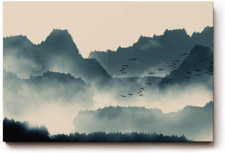Sinus Art Wandbild 120x80cm Faszinierende Bergsilhouetten im Nebel mit dynamischem Vogelschwarm erzeugen eine ruhige und kraftvolle Atmosphäre
