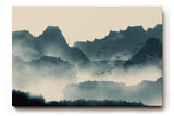 Sinus Art Wandbild 120x80cm Faszinierende Bergsilhouetten im Nebel mit dynamischem Vogelschwarm erzeugen eine ruhige und kraftvolle Atmosphäre