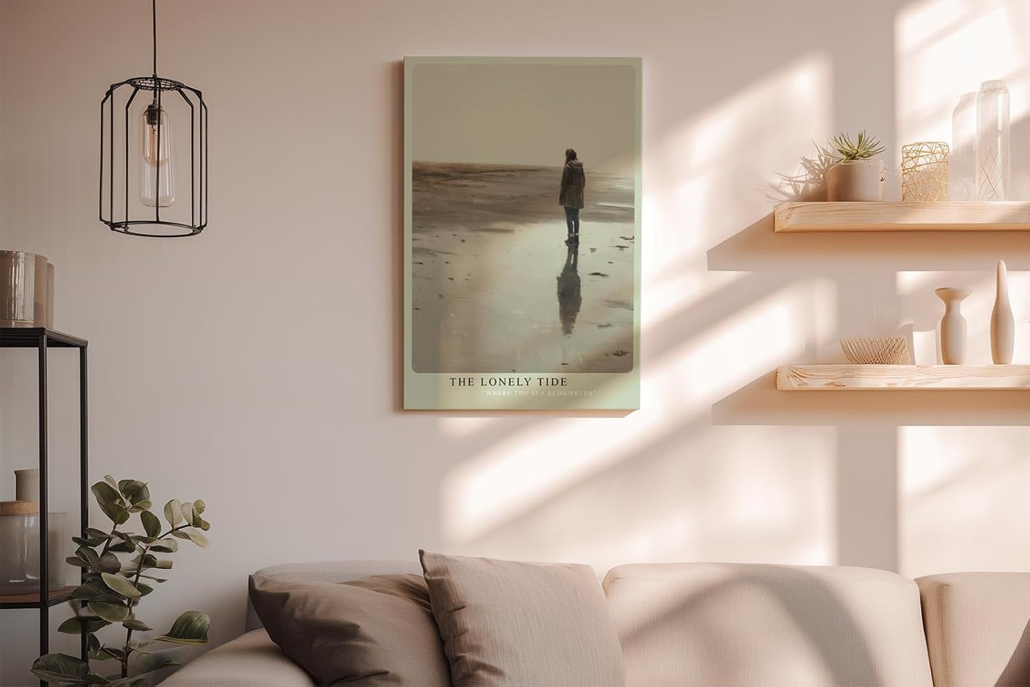 Paul Sinus Wandbild in 40x60cm The Lonely Tide Einsame Figur am Strand mit Spiegelung im Wasser in sanften, gedeckten Farbtönen