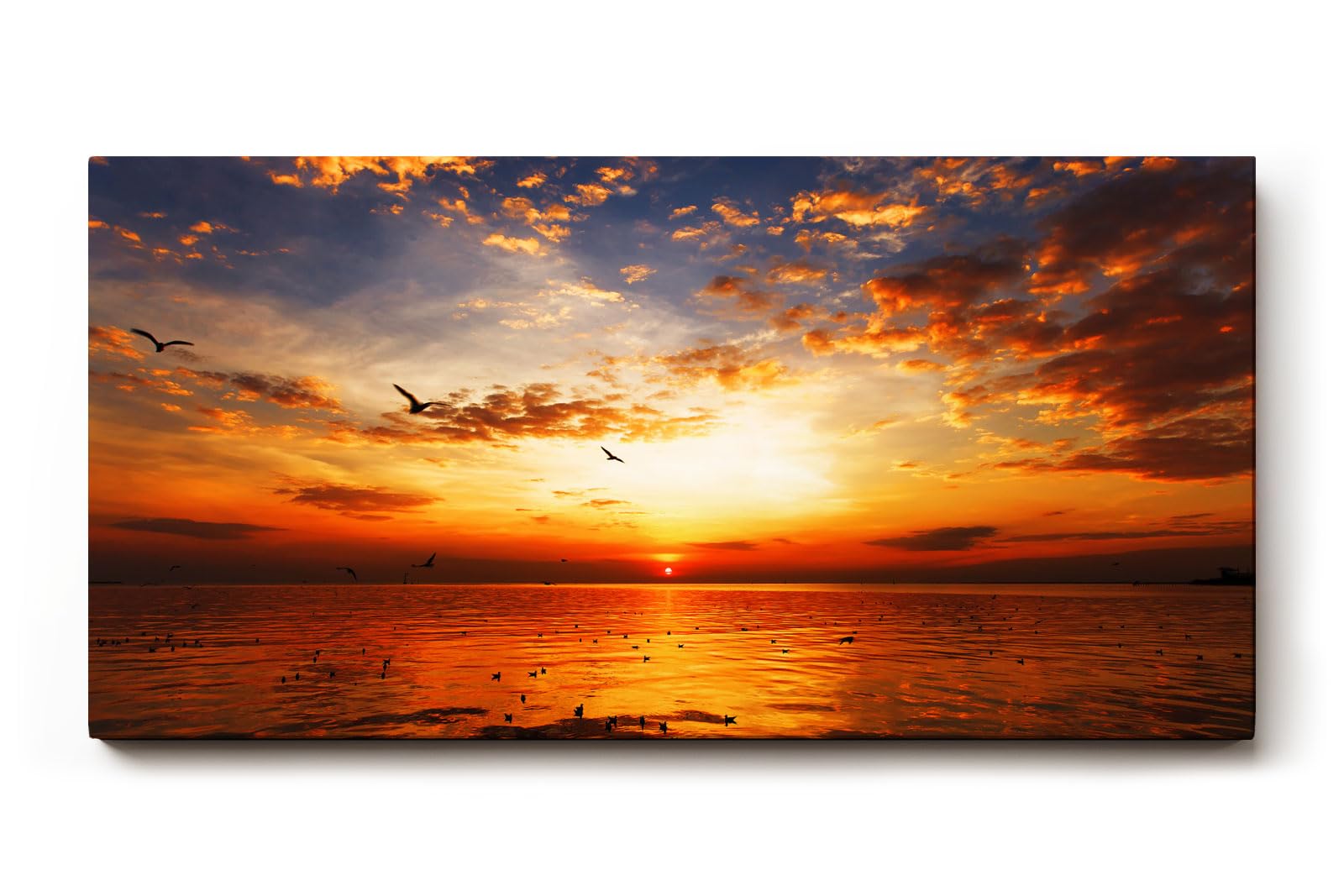Sinus Art Wandbild 120x80cm Imposanter Sonnenuntergang mit Spiegelungen auf der Wasseroberfläche und fliegenden Vögeln