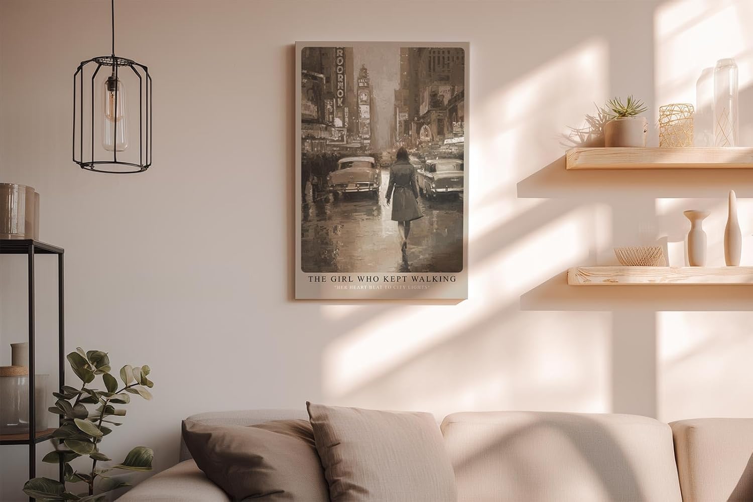 Paul Sinus Wandbild in 40x60cm The Girl Who Kept Walking Retro City Street Scene in Sepia with Vintage Cars and Rainy Atmosphere