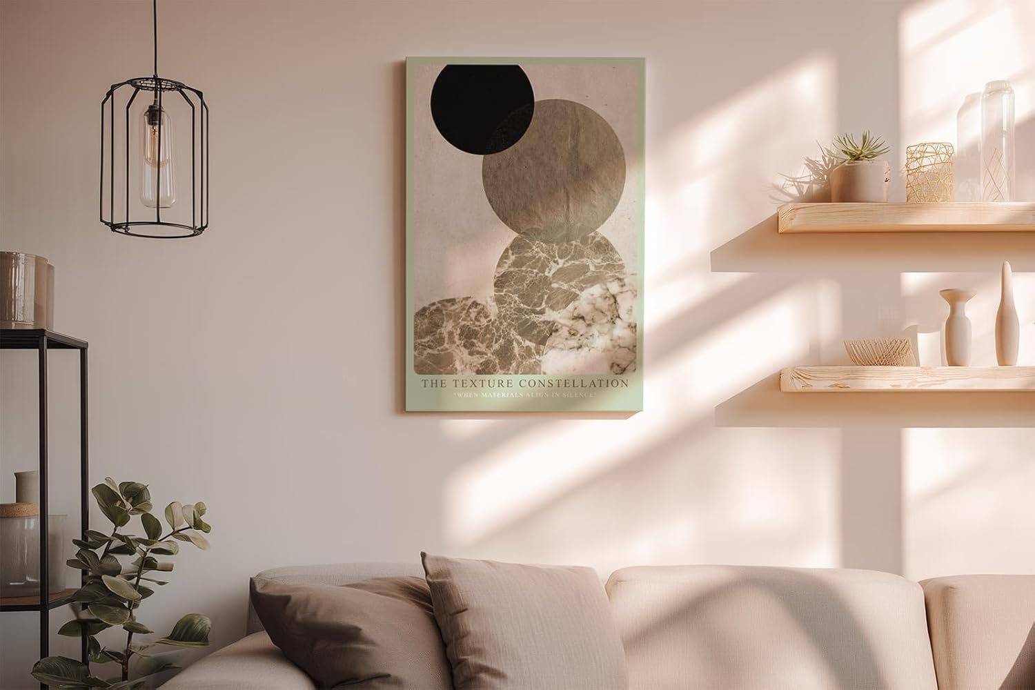 Paul Sinus Wandbild in 40x60cm The Texture Constellation – Minimalistische Kreiskomposition in Schwarz, Beige und Marmorstruktur
