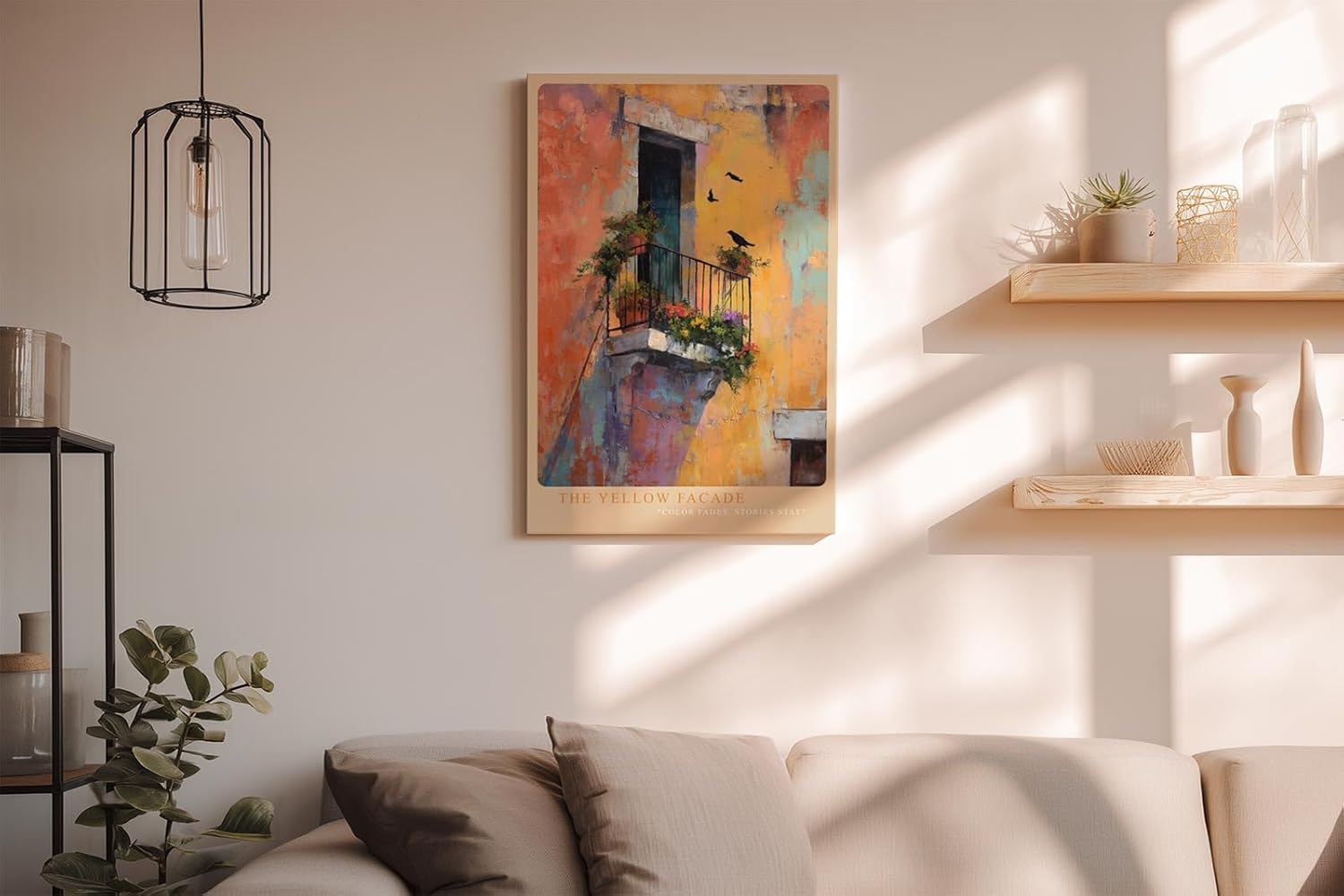 Paul Sinus Wandbild in 40x60cm The Yellow Facade – Mediterrane Balkonszene mit leuchtend gelber Fassade und verspielten Details in impressionistischem Stil
