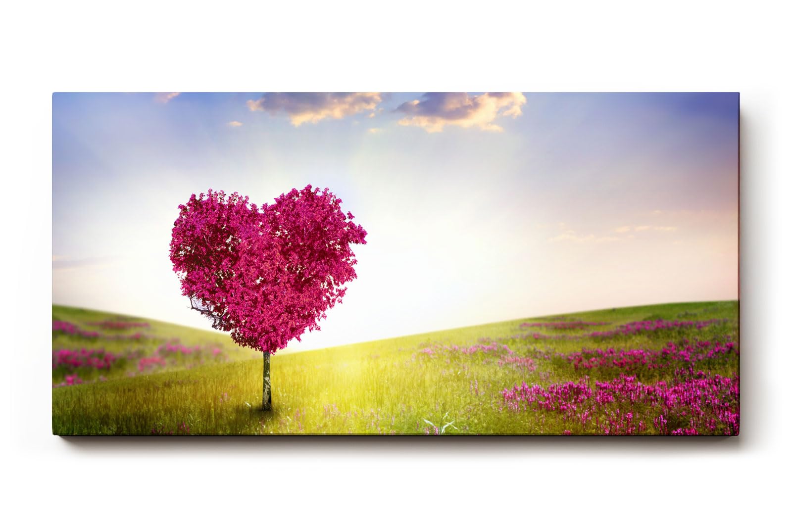 Sinus Art Wandbild 120x80cm Herzförmiger Baum in pinker Blüte in weiter Frühlingslandschaft mit Blumenwiese