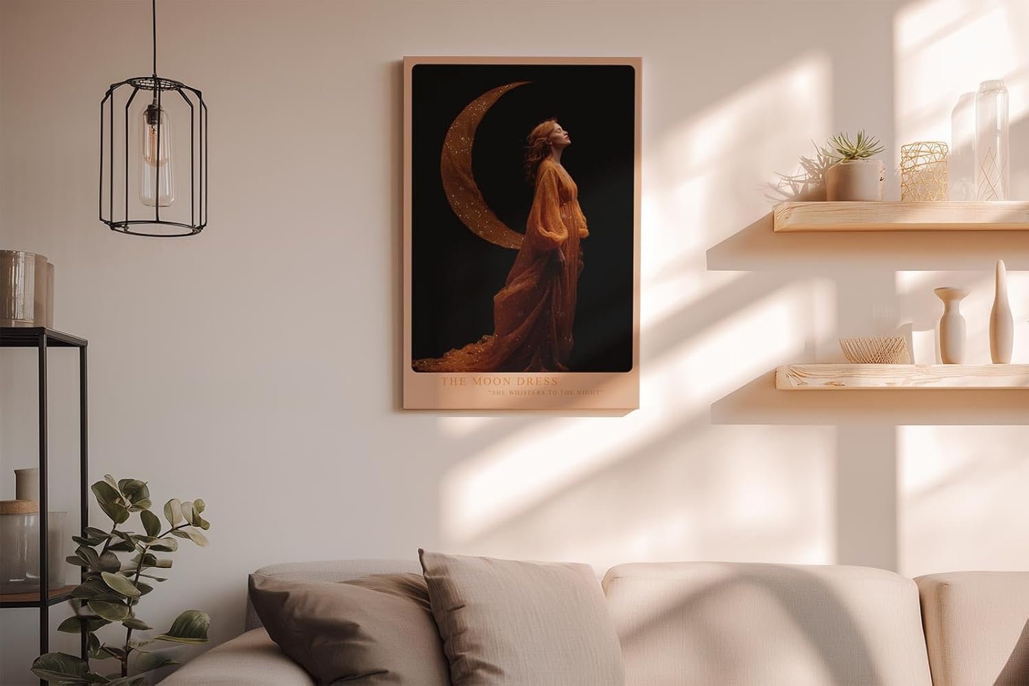 Paul Sinus Wandbild in 40x60cm The Moon Dress Elegante Frau in goldenem Kleid vor Mondsichel auf schwarzem Hintergrund